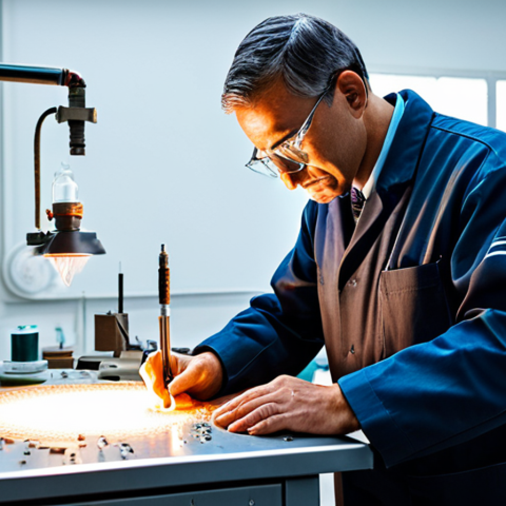 A focused master artisan in a modest, professional workshop uniform, standing at a clean, high-tech crafting station. Subtle glowing energy emanates from a stylized, unidentifiable metal and crystal artifact on the workbench, representing its transformation into a legendary item. The artisan is meticulously working with well-formed hands, concentrating intensely on the intricate details. The background is a sophisticated laboratory with sleek tools and organized components. Fully clothed, appropriate attire, safe for work, modest, perfect anatomy, correct proportions, natural pose, professional photography, high quality, natural body proportions, proper finger count.