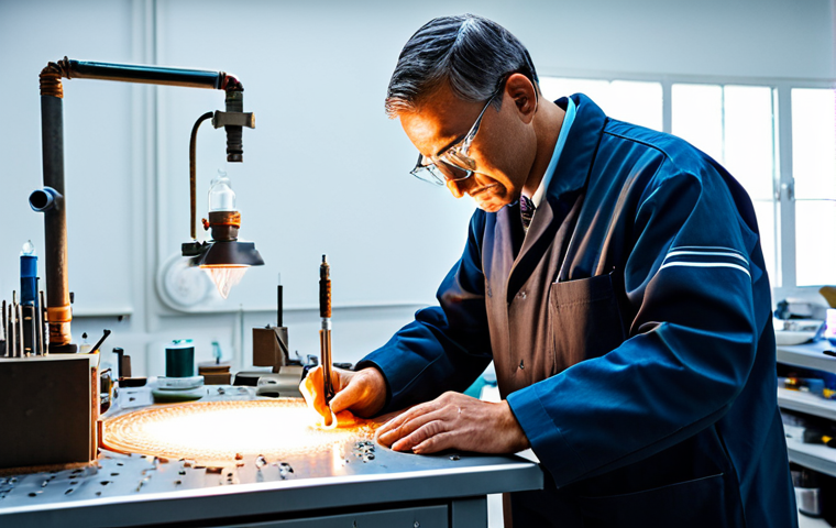 A focused master artisan in a modest, professional workshop uniform, standing at a clean, high-tech crafting station. Subtle glowing energy emanates from a stylized, unidentifiable metal and crystal artifact on the workbench, representing its transformation into a legendary item. The artisan is meticulously working with well-formed hands, concentrating intensely on the intricate details. The background is a sophisticated laboratory with sleek tools and organized components. Fully clothed, appropriate attire, safe for work, modest, perfect anatomy, correct proportions, natural pose, professional photography, high quality, natural body proportions, proper finger count.