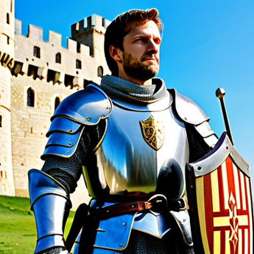 The Knight**

"A valiant knight in shining armor, standing guard before a medieval castle, fully clothed, appropriate attire, safe for work, perfect anatomy, natural proportions, professional illustration, family-friendly. The knight holds a sword and shield, a symbol of strength and protection. The scene is set during the day, with a clear blue sky in the background."

**