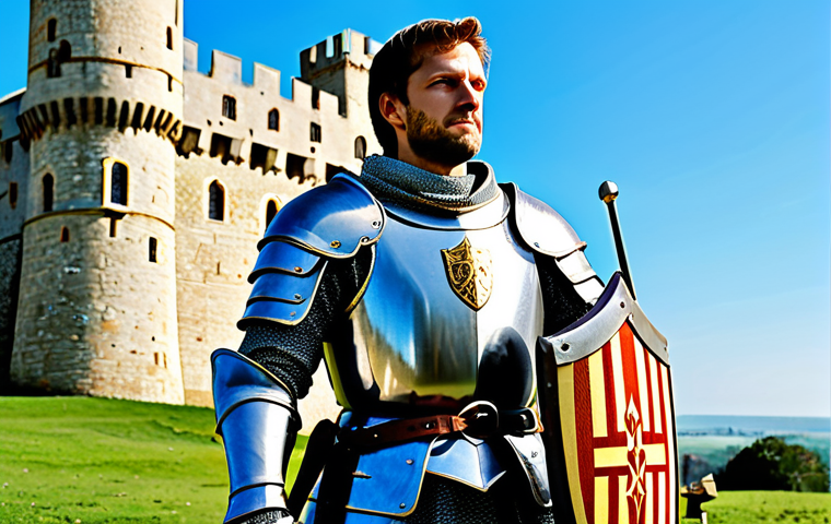 The Knight**
"A valiant knight in shining armor, standing guard before a medieval castle, fully clothed, appropriate attire, safe for work, perfect anatomy, natural proportions, professional illustration, family-friendly. The knight holds a sword and shield, a symbol of strength and protection. The scene is set during the day, with a clear blue sky in the background."
**
