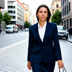 리니지M 혈맹 자원 분배 - "A professional businesswoman in a modest business suit, walking confidently on a busy Madrid street...
