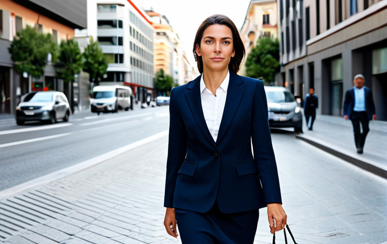 리니지M 혈맹 자원 분배 - "A professional businesswoman in a modest business suit, walking confidently on a busy Madrid street...