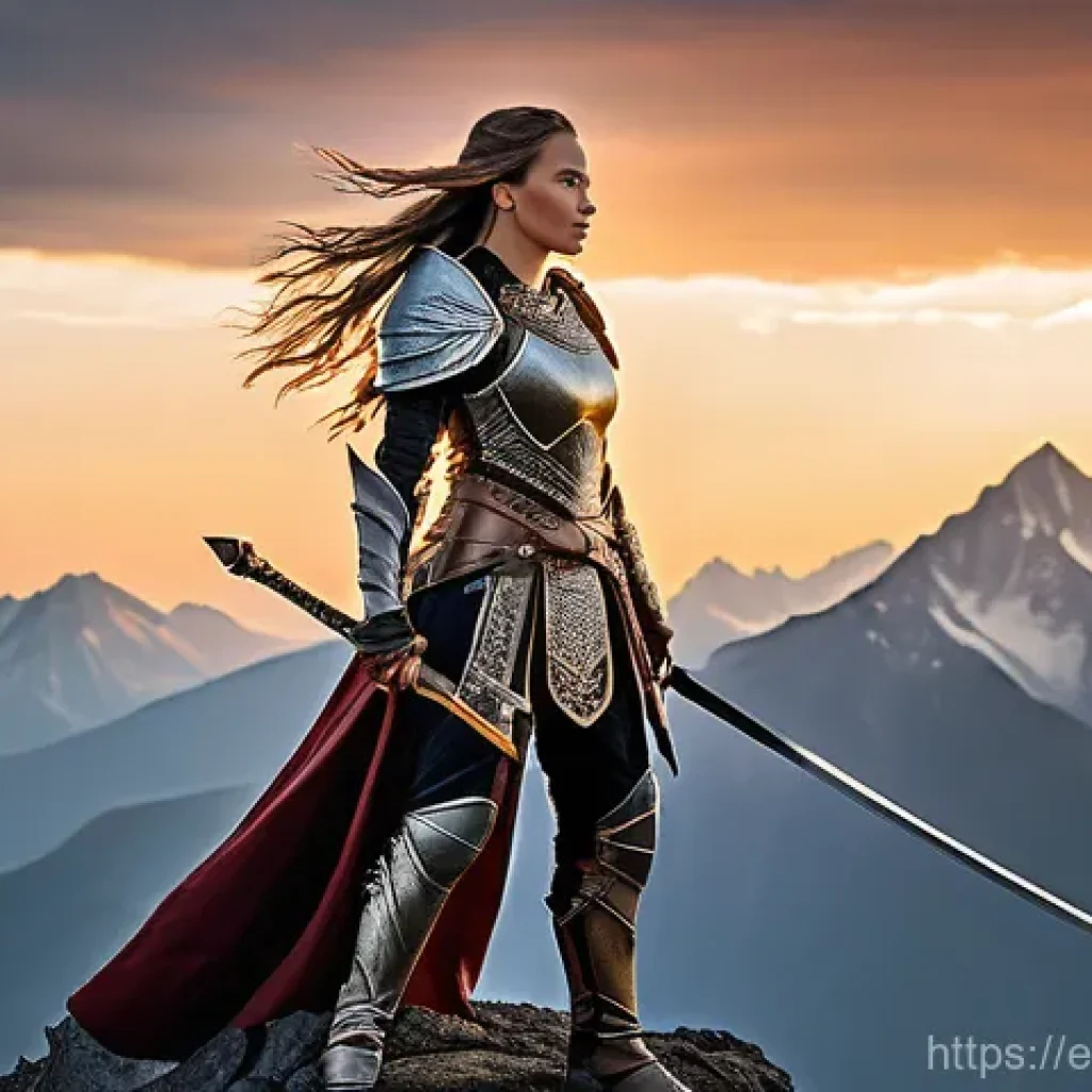 리니지M 새로운 직업 정보 - A powerful female warrior stands valiantly on a rugged, windswept mountain peak at dawn. She wears i...