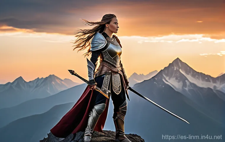 리니지M 새로운 직업 정보 - A powerful female warrior stands valiantly on a rugged, windswept mountain peak at dawn. She wears i...