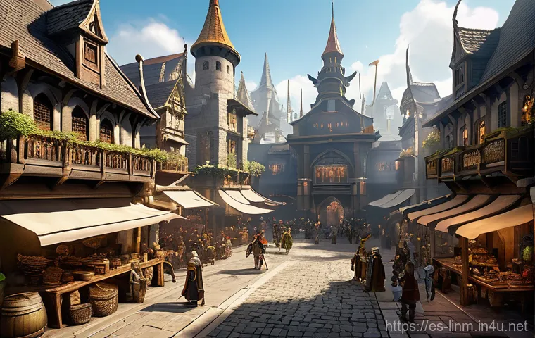 리니지M 서버 간 랭킹 비교 - Image Prompt 1: Bustling Lineage M Marketplace**