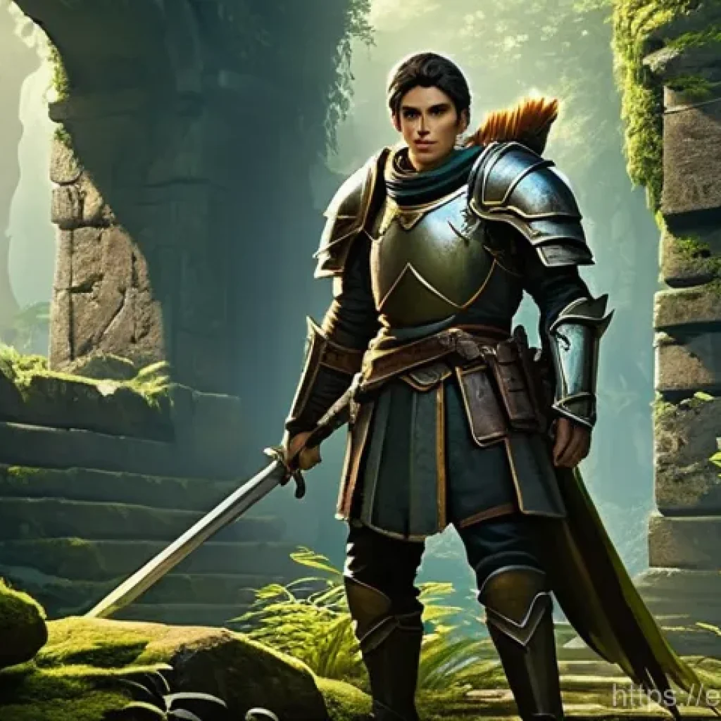 리니지M 초보자 사냥터 선택 - **"A determined young adventurer, fully clothed in practical, robust starter leather armor with a si...