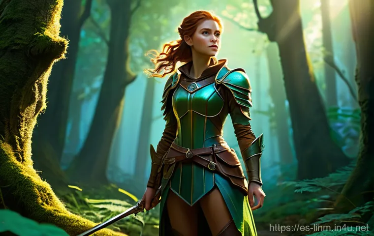 리니지M 최적의 사냥 시간 - **Prompt 1: Dawn Exploration in a Mystical Forest**
    "A determined young female adventurer, with ...