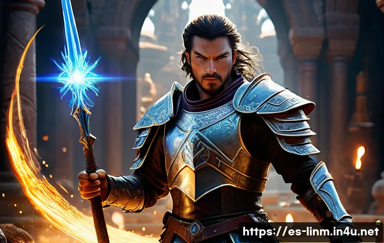 리니지M 장비 스왑 팁 - **Prompt:** An intense, dynamic shot of a skilled male fantasy adventurer in the midst of a chaotic ...