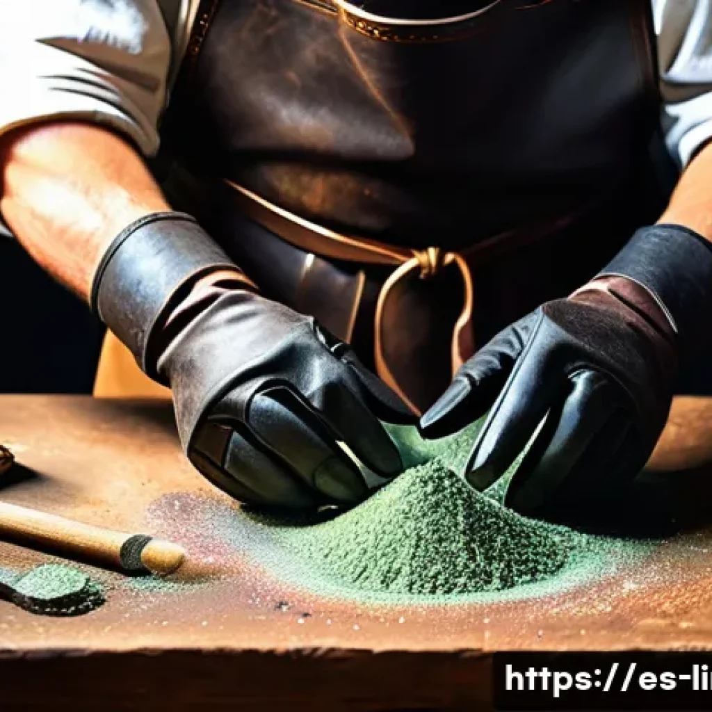 리니지M 고급 아이템 제작 - A skilled artisan crafting a legendary weapon in a medieval fantasy workshop, surrounded by rare mat...