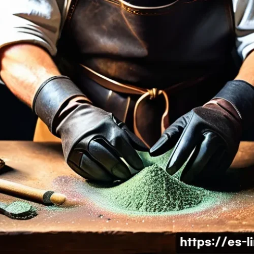 리니지M 고급 아이템 제작 - A skilled artisan crafting a legendary weapon in a medieval fantasy workshop, surrounded by rare mat...