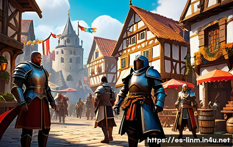 리니지M 무과금 플레이 전략 - A dynamic and colorful fantasy MMORPG scene featuring a diverse group of Spanish-speaking players co...