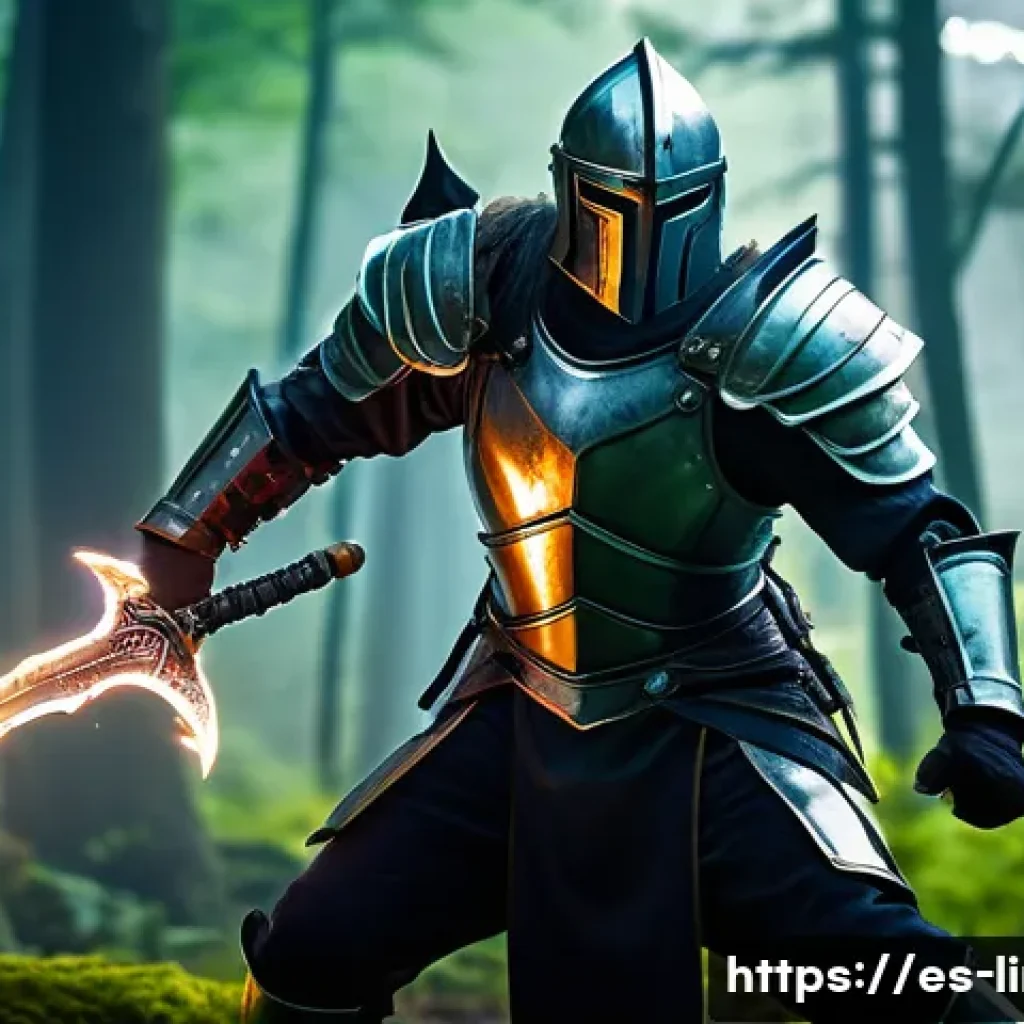 리니지M 전투 기술 사용법 - A dynamic fantasy battle scene in a lush forest clearing, featuring a skilled male warrior wearing d...