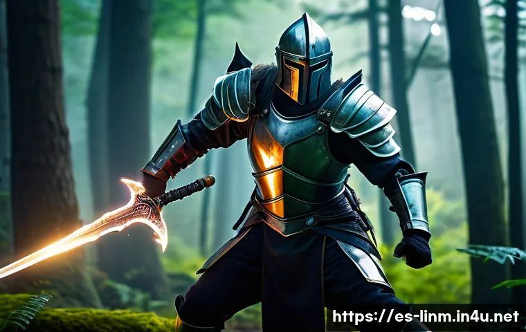 리니지M 전투 기술 사용법 - A dynamic fantasy battle scene in a lush forest clearing, featuring a skilled male warrior wearing d...