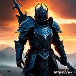 Home 22 리니지M 고레벨 아이템 추천 - A powerful fantasy warrior standing confidently on a battlefield at dusk, wearing heavy reinforced a...