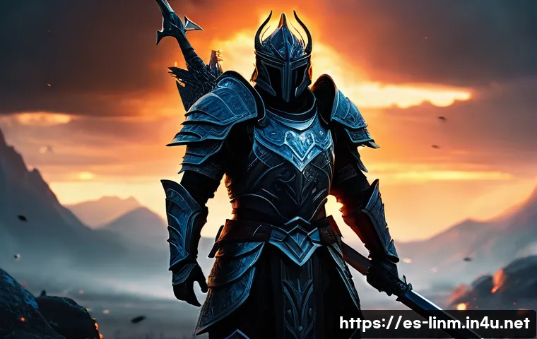 리니지M 고레벨 아이템 추천 - A powerful fantasy warrior standing confidently on a battlefield at dusk, wearing heavy reinforced a...