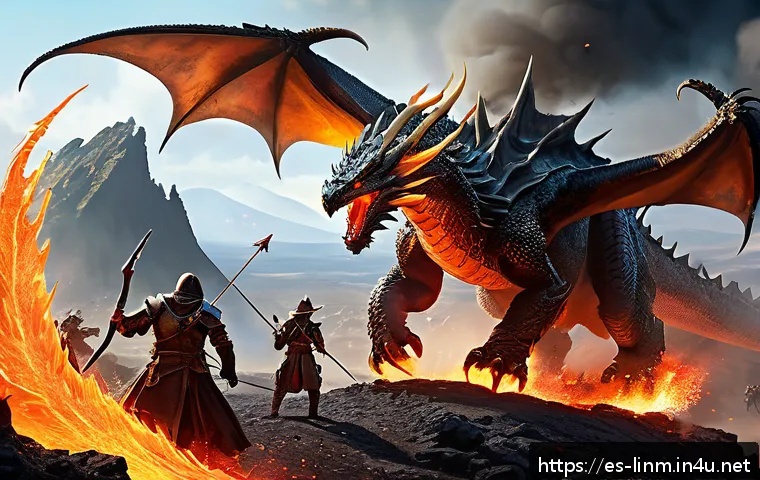 리니지M 필드 보스 정보 - A dynamic fantasy battle scene featuring a diverse group of adventurers confronting a massive Fire D...