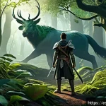 Home 20 리니지M 특화 사냥터 정보 - A detailed fantasy forest scene featuring rare magical beasts and elemental creatures roaming among ...