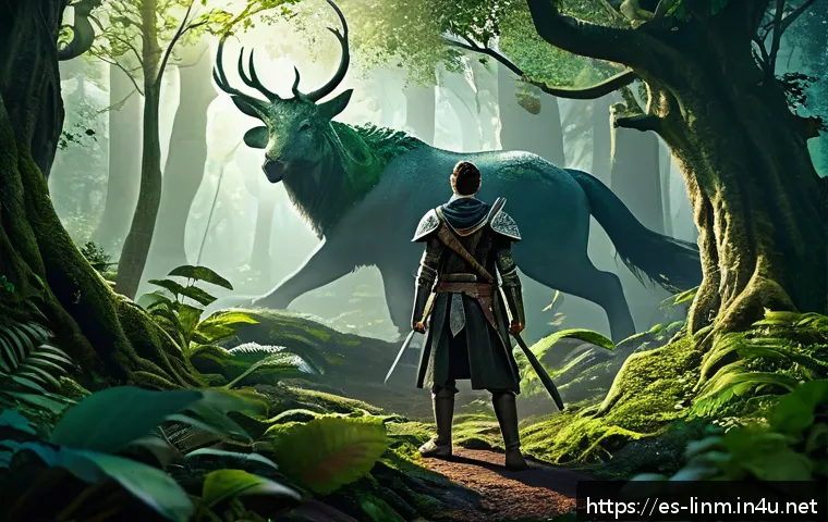 리니지M 특화 사냥터 정보 - A detailed fantasy forest scene featuring rare magical beasts and elemental creatures roaming among ...