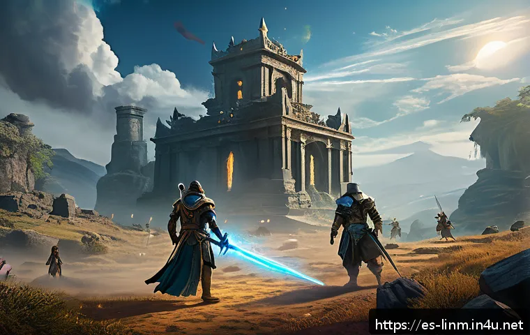 리니지M 파티 전투의 장점 - A dynamic and vibrant scene of a diverse team of fantasy RPG characters in coordinated battle format...