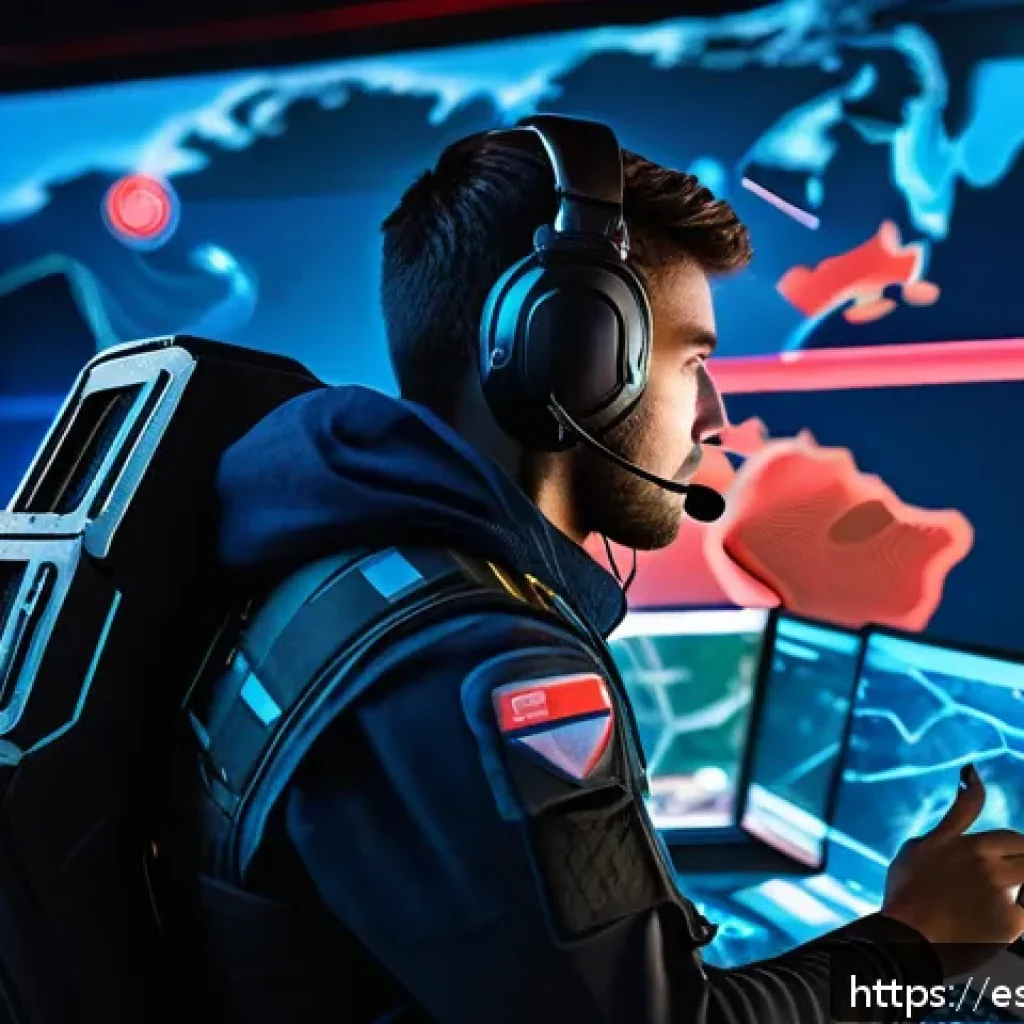 리니지M 공성전 미니맵 사용 - A detailed digital illustration of a professional gamer intensely focused on a large, semi-transpare...