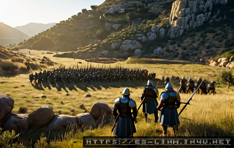 리니지M 필드 전투 기초 - Photorealistic fantasy MMORPG field battle scene in a sunlit Spanish Mediterranean valley, a small t...