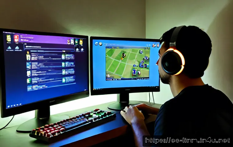 Home 17 리니지M 서버 선택 체크리스트 - Photorealistic over-the-shoulder scene of an adult Spanish gamer at a tidy apartment desk in Madrid,...