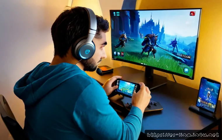 리니지M 신규 서버 플레이 - Photorealistic Spanish gaming enthusiast beginning a new fantasy mobile MMORPG adventure, seated at ...