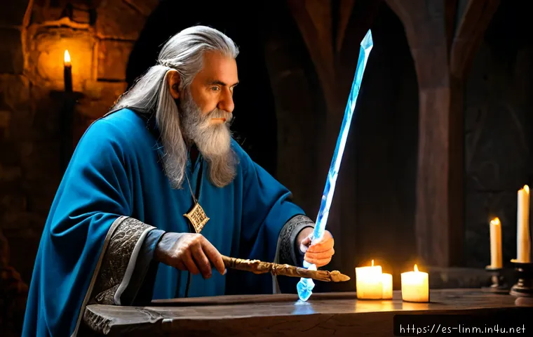 리니지M 마법사 무기 추천 - Photorealistic fantasy game weapon comparison scene, an elderly wizard in elegant blue-and-silver ro...