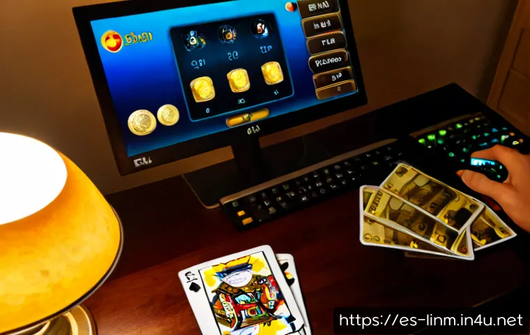 리니지M 전설 카드 효율 - Photorealistic fantasy gaming desk in a modern Spanish apartment at dusk, a focused adult player com...